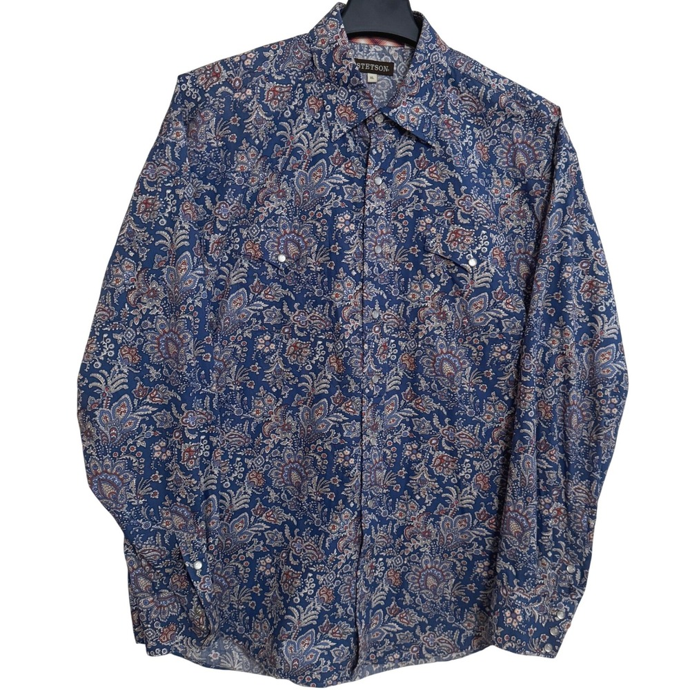 Stetson Long Sleeve Pearl Snap Shirt Men's XL Paisley Floral Blue Cowboy Western